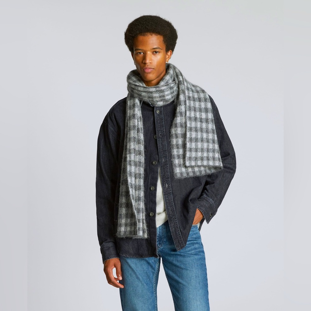 Everlane Alpaca/Merino Wool Grey Check Scarf 86”X 16” Soft And Warm